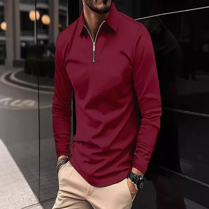 Men Solid Color Zipper Long Sleeve Casual Sports Polo Shirt S кларет