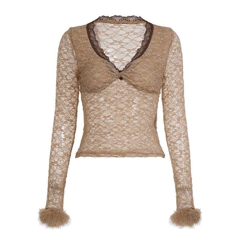 Retro Gentle V-Neck Lace Shirt: Slim-Fit Sweater with Fur Patchwork for a Sexy Style, 2026 Edition. Small