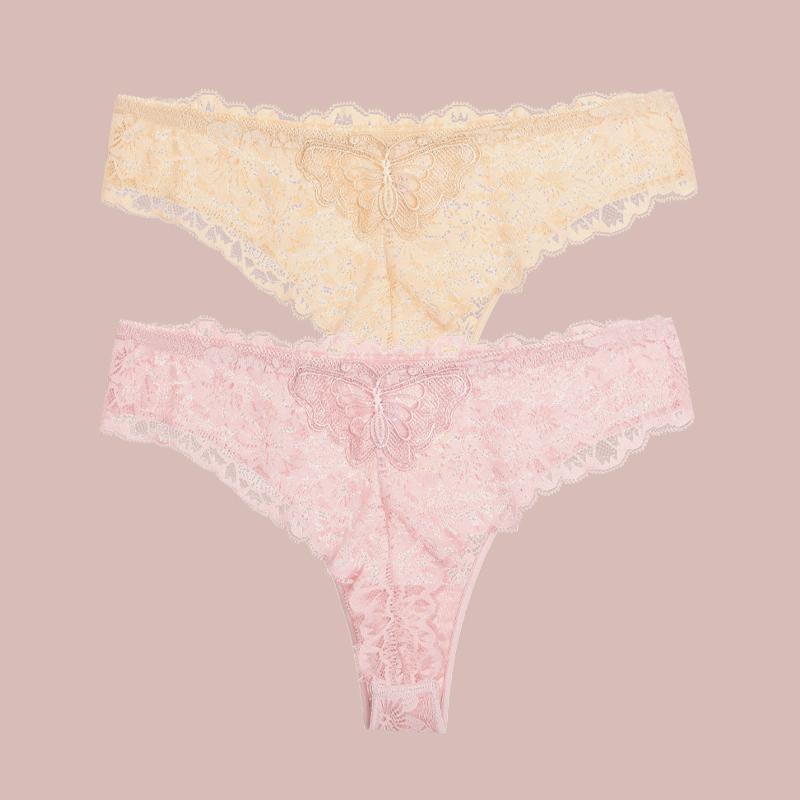 2Pcs Lace Butterfly Print Women's Underwear Sexy Hollow Out Thongs Trendy Breathable Panties Lady Perspective G-String Lingerie