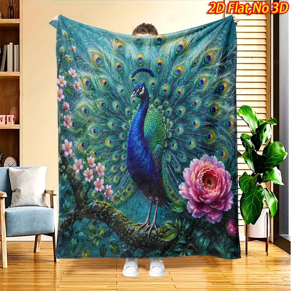 1pc Elegant Peacock Flower Bloom Blanket - Soft Flannel Suitable for All Seasons, Peacock & Bloom Print Bedspread, Machine Washable Throw for Couch, B