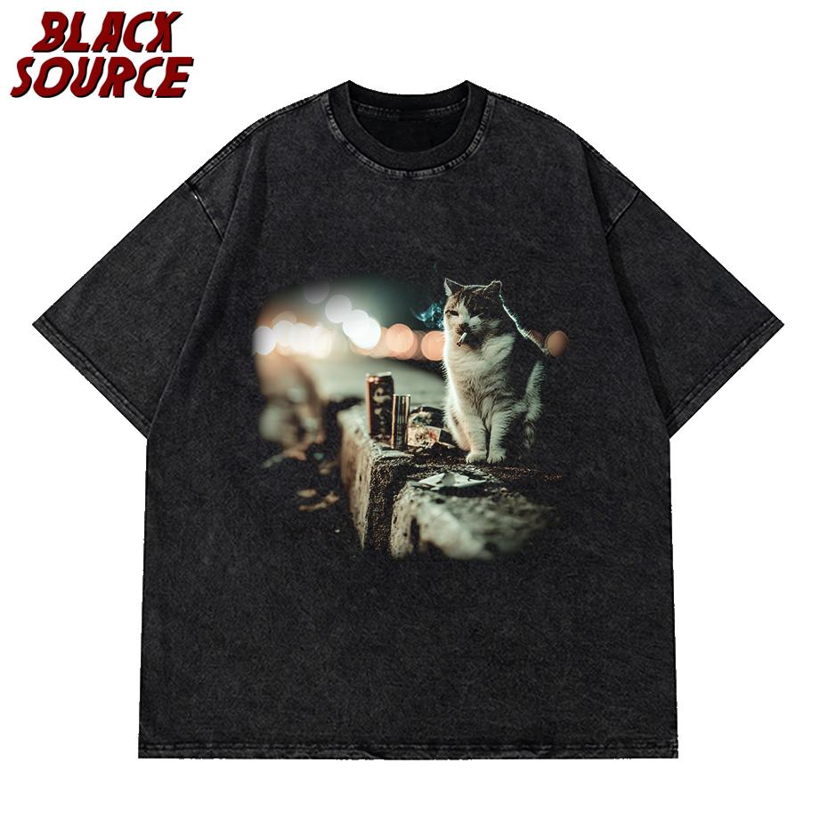 T247 Funny Smoking Cat Meme T-shirt Washed Cotton Trendy Tee Men s Women Hip Hop Print Quality Top Streetwear Oversized Casual S разноцветный