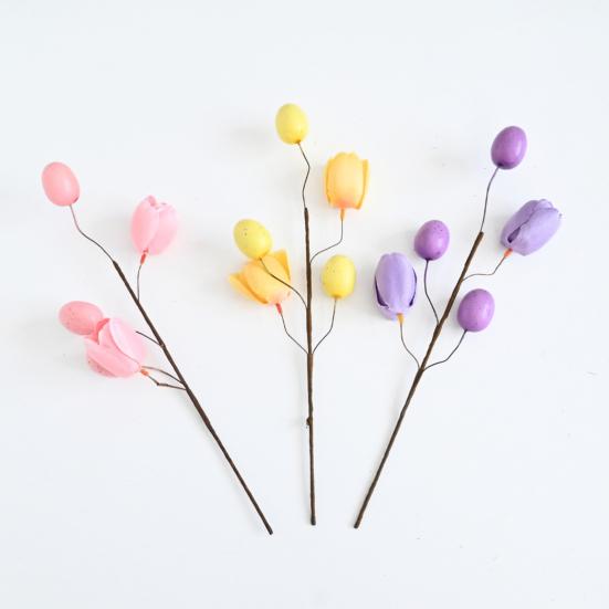 Easter Eggs Picks Spring Artificial Tulip Flower Stem with Eggs Floral Arrangement for Home Vase Filler Table Centerpiece