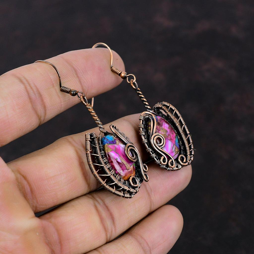 Natural Kingman Pink Dahlia Turquoise Earring Copper Wire Wrapped Earring Handmade Earring Copper Wire Jewelry Gemstone Earring Gift For Mom