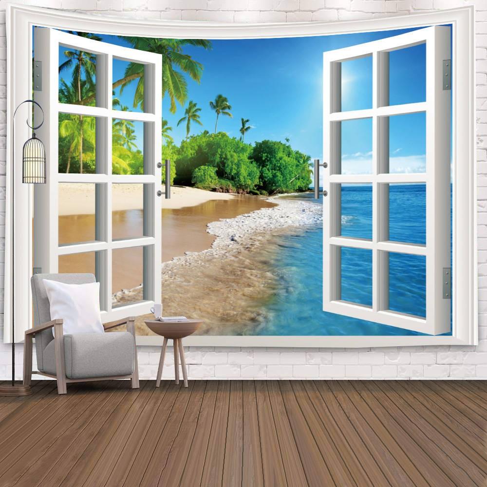 Wall Hanging Living Room Bedroom Window Natural Landscape Beach Large  Covering Decoration Tapestry Background Cloth Bedside