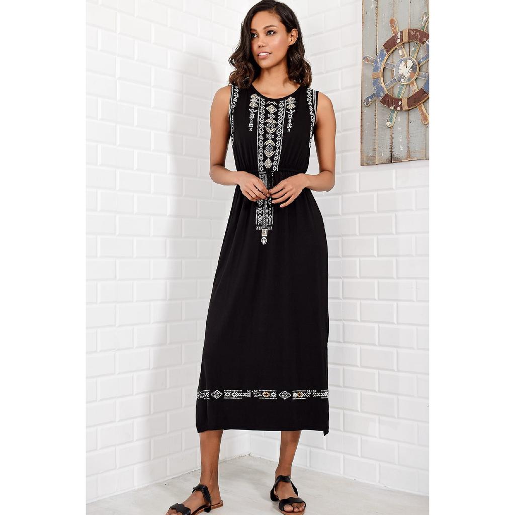 Rochie de damă neagră cu broderie imprimată boemă Alc-6564