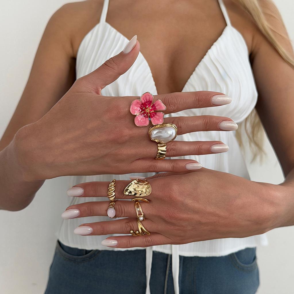 Sweet Ins Pink Oil Drop Flower Ring, Stackable Irregular Starfish Open Band Ring For Women