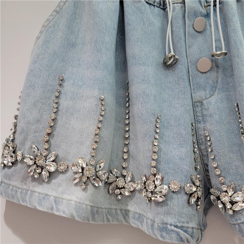 Damen Shorts Jeans Weiter Bein Kurze Hosen Elastischer Bund Knopf Diamanten Vintage Gewaschen Used Sommer Streetwear Denims