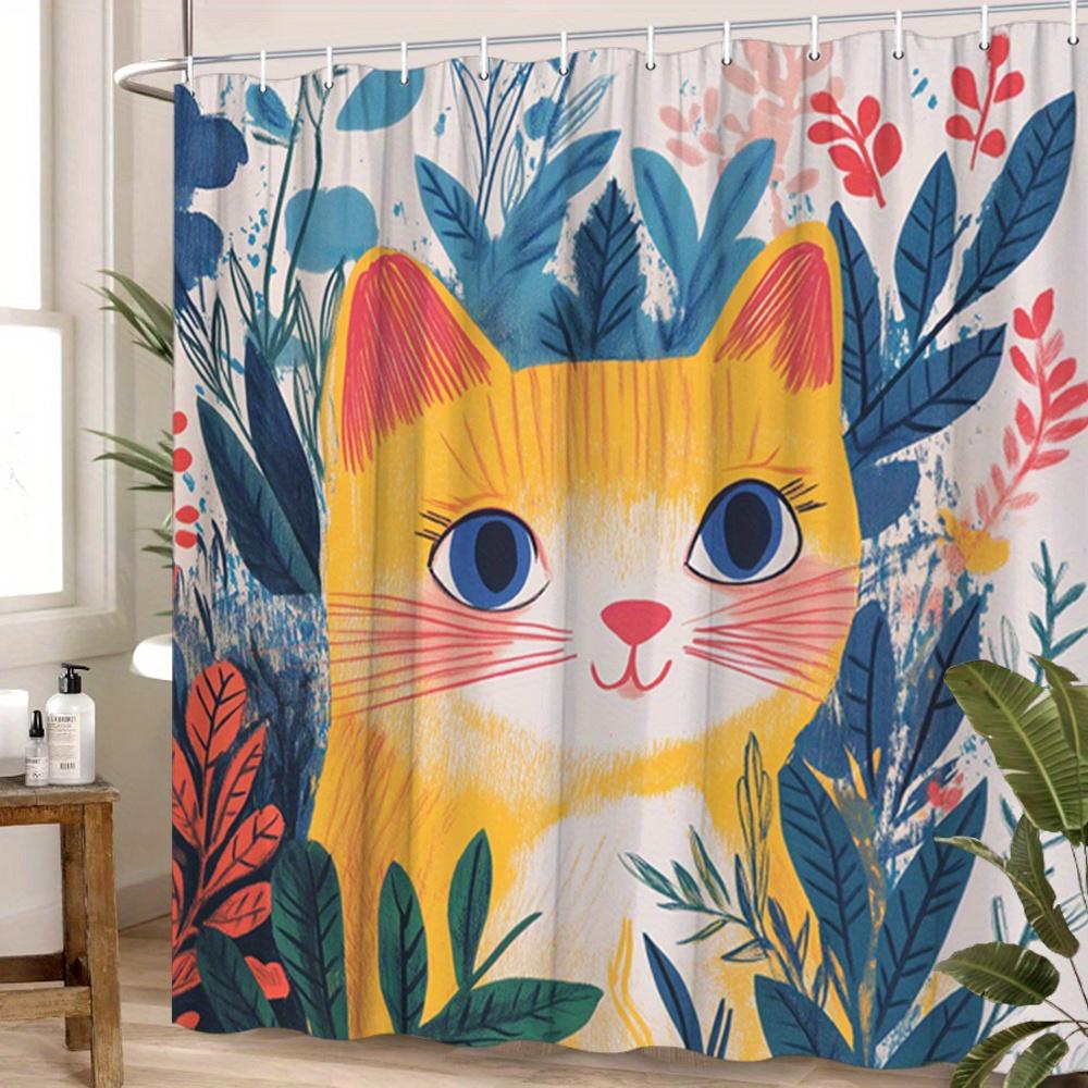 Waterproof Adorable Cat Shower Curtain with Colorful Flowers and Playful Design for a Fun Bathroom Look