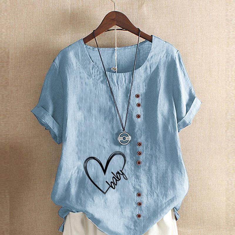 Women's Fashion Round Neck Short Sleeve T-shirt Casual Cotton Linen Graphic Shirt Leisure Loose Baby Heart Prined Summer Blouse Tops