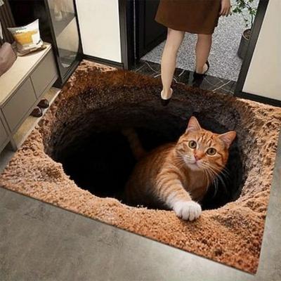 Deep Well Cute Kitten Door Mat Stone Hole Water Well 2D Printed Carpet Living Room Bedroom Decorative Floor Mat