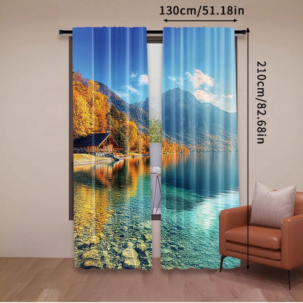 Set Of 2 Mountains Lake Curtain Autumn Nature Landscape Forest Scenery Trip Travel Theme Party Decoration Many Other Polyester