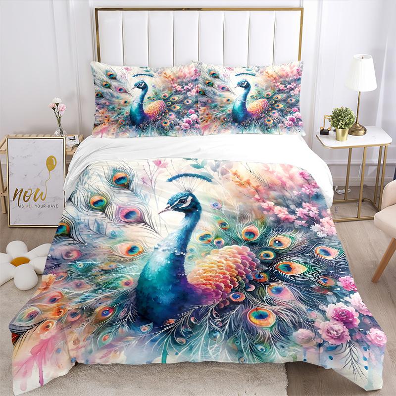 3pcs Colorful Peacock with Feathers Spread Amidst Flowers and Nature's Beauty Pattern Bedding Three-Piece Set (1 Cover + 2 Pillowcases, No Fillings)