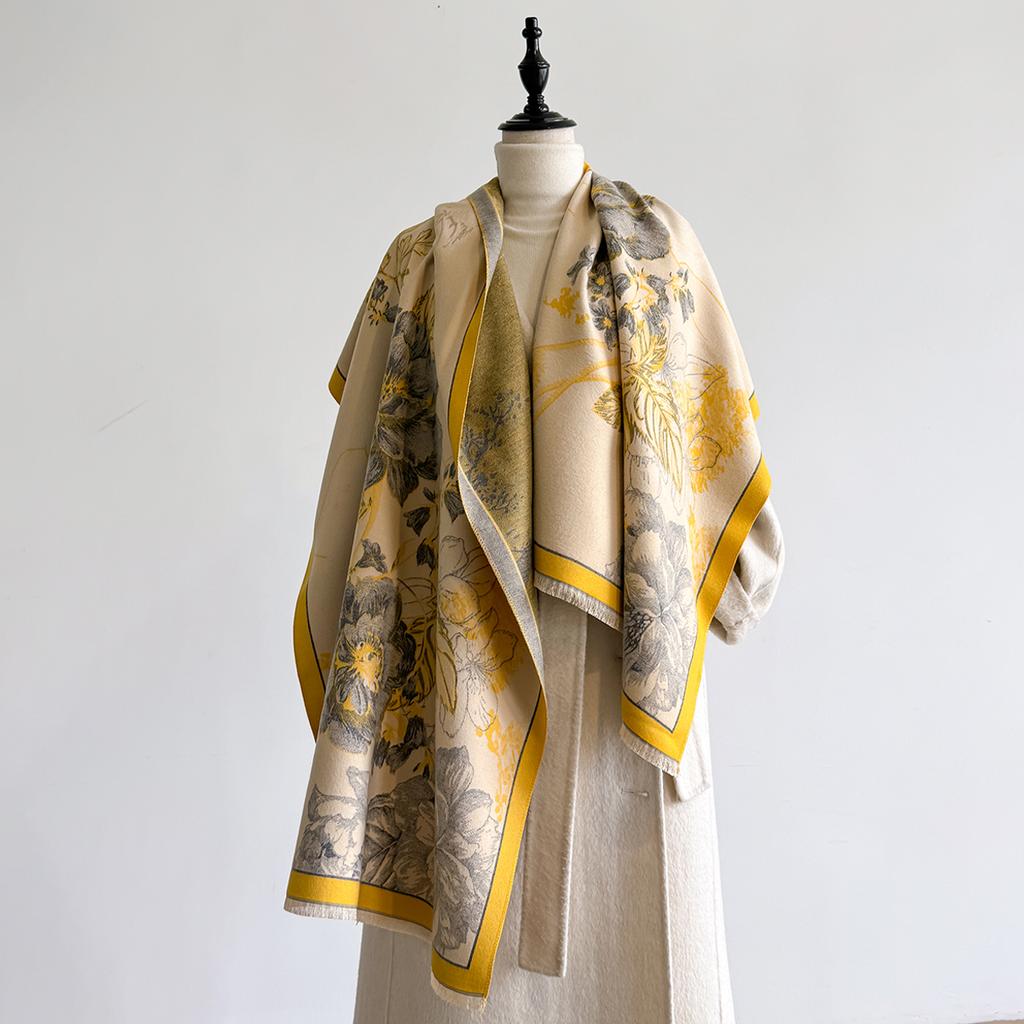 Brand Fashion Winter Cashmere Shawl for Women - Tasseled Flower Printed Pashmina Scarf, Thick Warm Wrap & Poncho