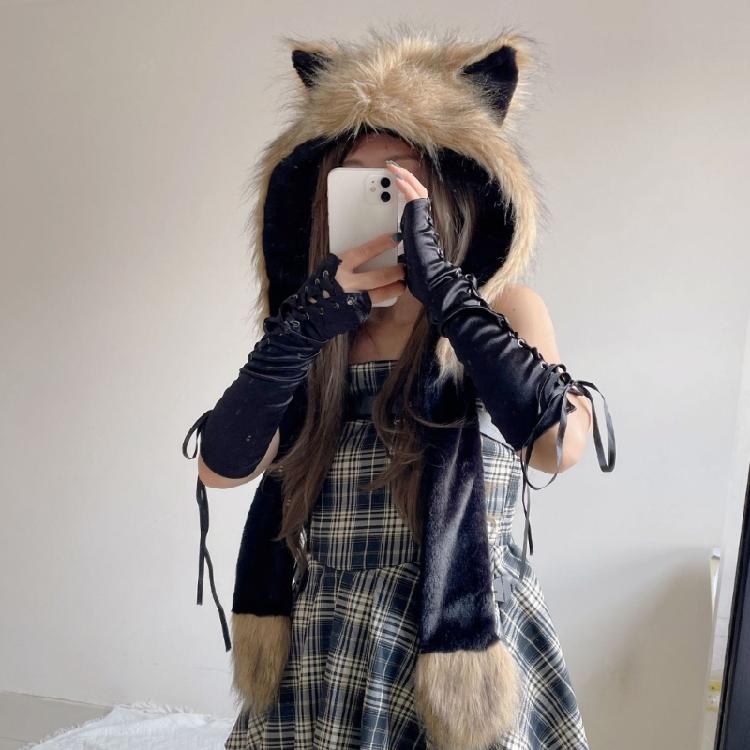 Furry Plush Winter Caps with Animal Ear Funny Ear Scarf Hat for Adult Teens Soft and Warm Thicken Trapper Hat for Outdoor