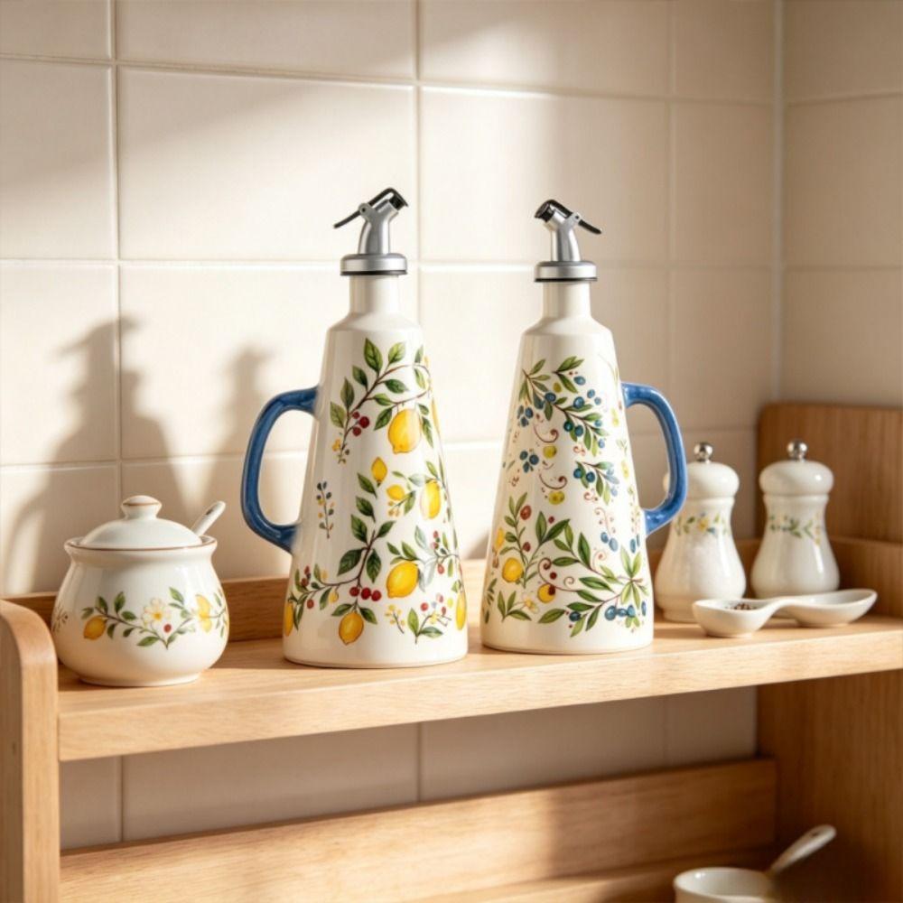 Automatic Pouring Ceramic Oil Bottle Cone-shaped Floral Olive Oil Dispenser Lemon Pattern with Handle