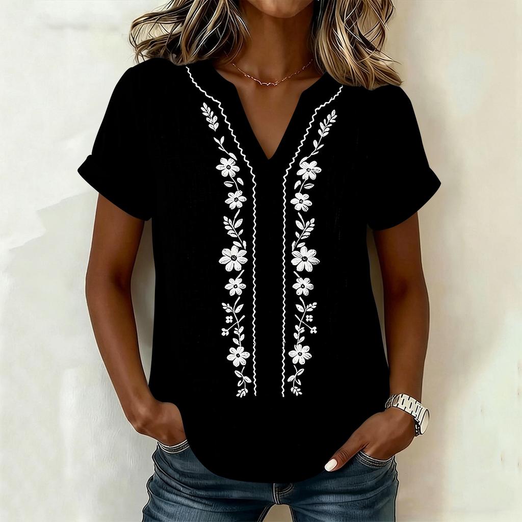 Women's V-Neck Embroidered Blouse - Short Sleeve, Casual Tunic Top for Summer, Business Casual Shirt
