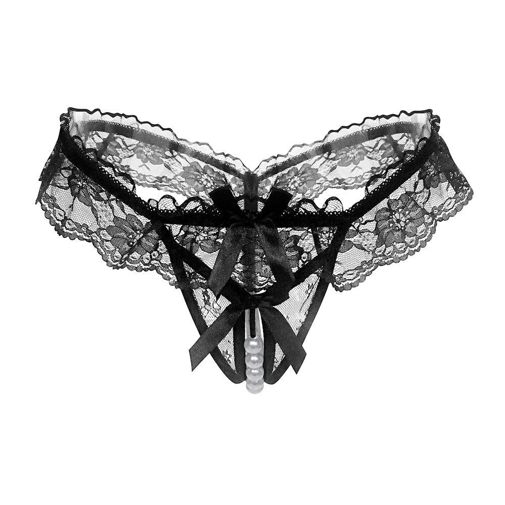 Lace Crotchless Thong with Massage Pearl - Sexy Transparent T-Panties for Women, Plus Size.