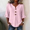 Women Shirt Stand-Up Collar V-Neck Buttons Decor Half Sleeve Ruffle Cuffs Pullover Tops Pure Color Loose Fit Summer Tops