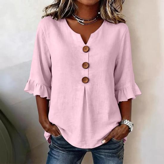 Women Shirt Stand-Up Collar V-Neck Buttons Decor Half Sleeve Ruffle Cuffs Pullover Tops Pure Color Loose Fit Summer Tops