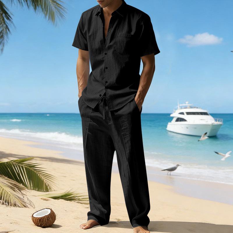 Men's European & American Linen Short Sleeve Shirt and Long Pants Set for Summer