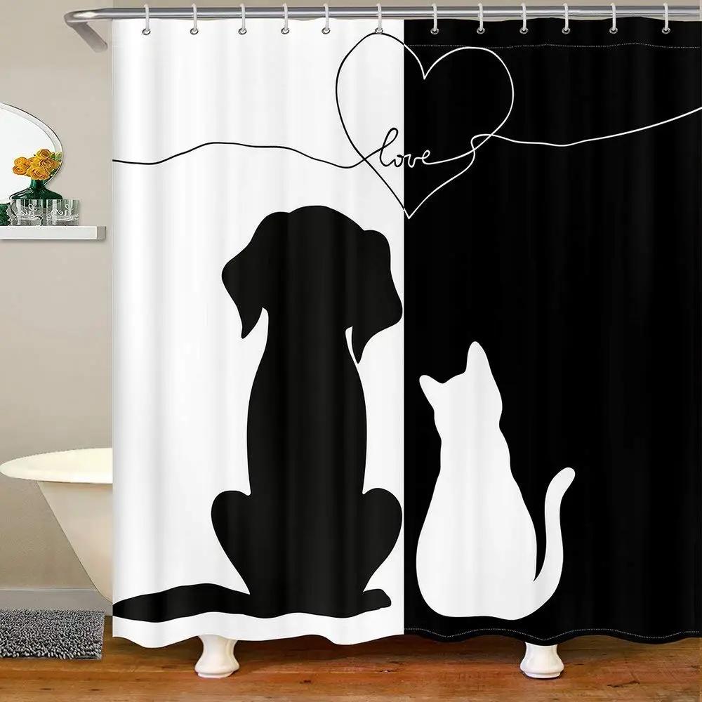Raining Cats and Dogs Shower Curtain Funny Cartoon Cute Animal Hilarious Pets Playing Water Polyester Waterproof Bathroom Panels