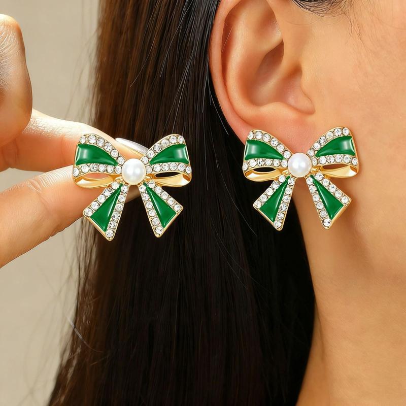 Vintage Metal Bow Inlay Zircon Stud Earrings for Women Exquisite Imitation Pearl Bowknot Charms Earrings Fashion Party Jewelry