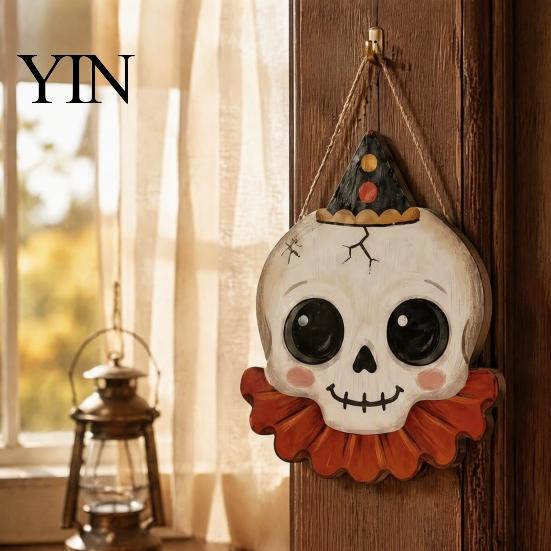 Outdoor Ghost Door Decorations Halloween Wooden Hanging Pendant with Lanyard, Retro Ghost/Pumpkin/Skull/Black Cat Black Wall Art for Front Porch Party