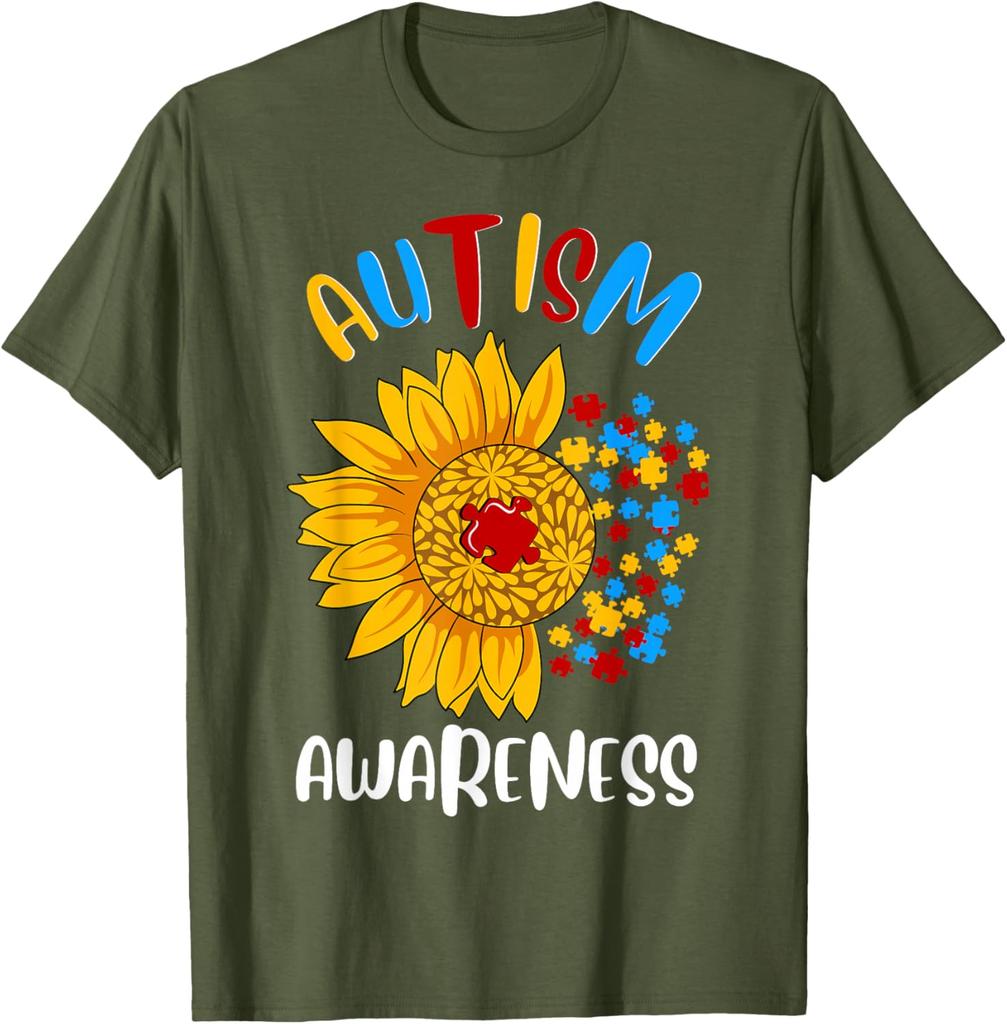 Autism Awareness Sunflower Print Cotton Casual Round Neck Short Sleeve T-Shirt Men Women