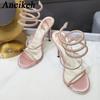 Aneikeh Sommer Sexy Strass-Dekoration High Heel Sandalen Damen Gladiator Knöchelriemen Offene Zehen Sandalen Party Bankett Schuhe