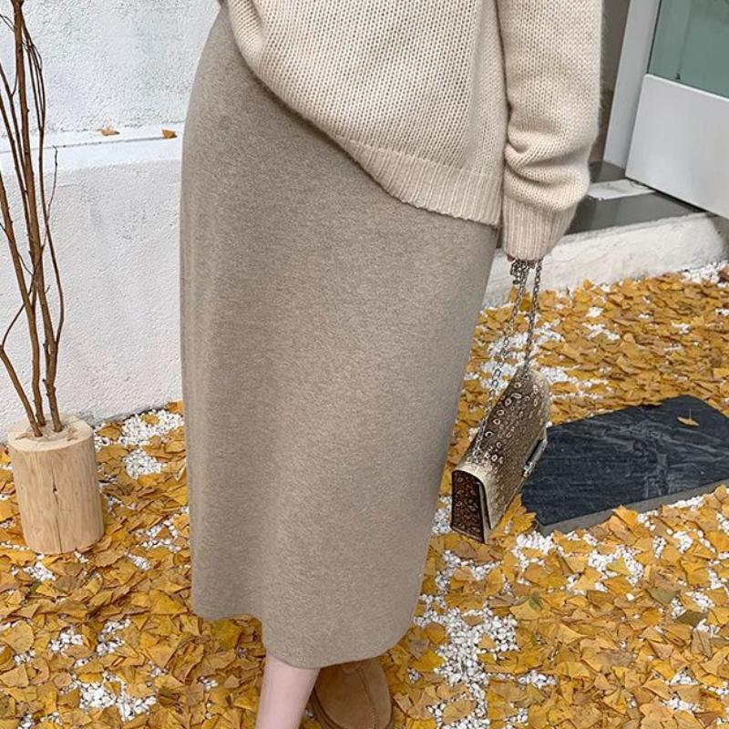 Slim-Fit Pencil Skirt Women's Autumn Winter Knitted Midi Half Skirt High Waist Loose Thickened Straight Bodycon Wool Skirt