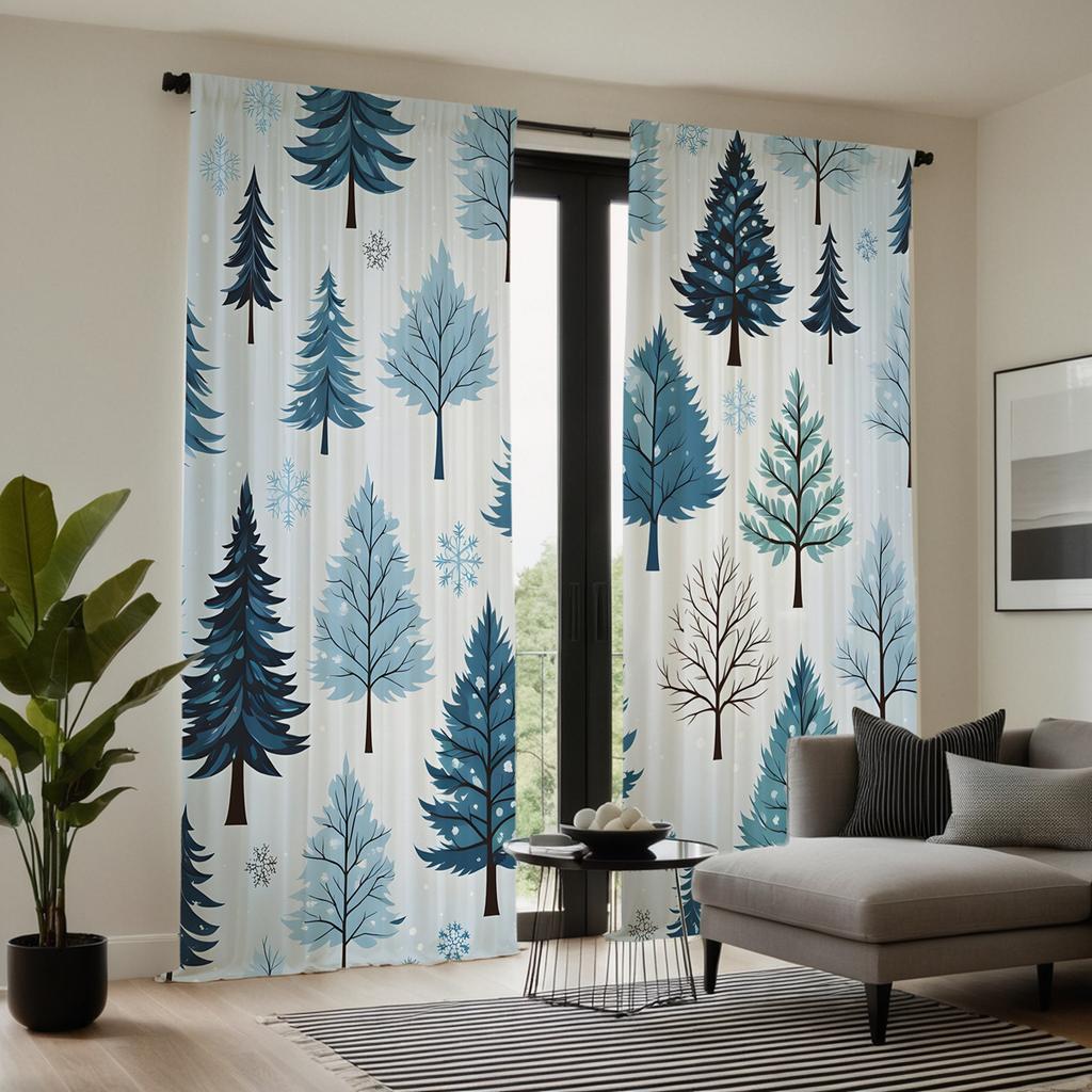 2ks sada HD Vánoční Borovice Sněhová vločka dekorativní závěs Modrá stuha digitálně potištěný závěs Domácí dekorace styl Zdobený livi