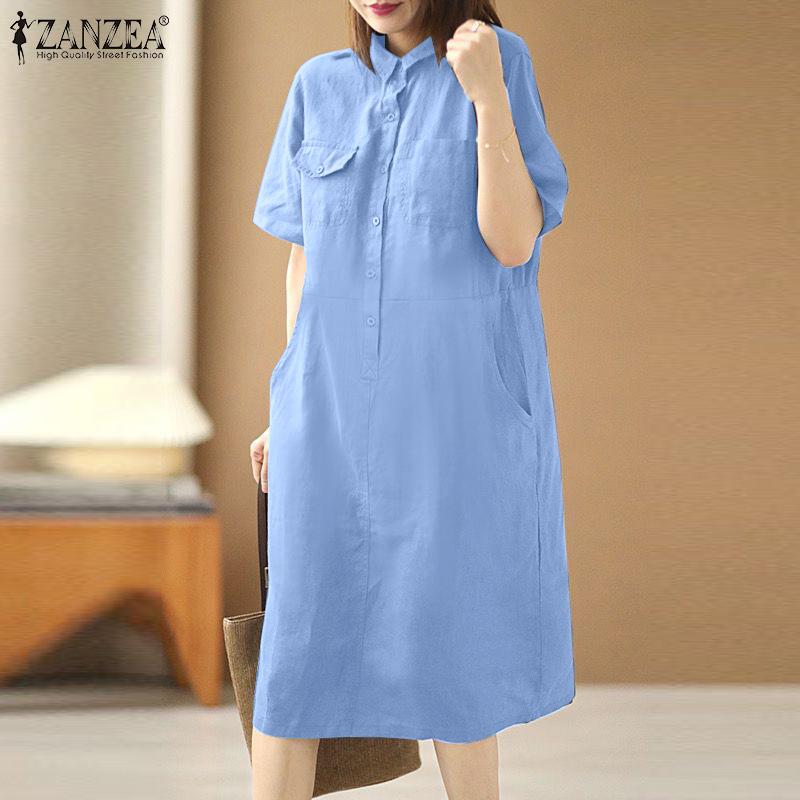 

ZANZEA женское летнее повседневное хлопковое платье-рубашка с отложным воротником и короткими рукавами