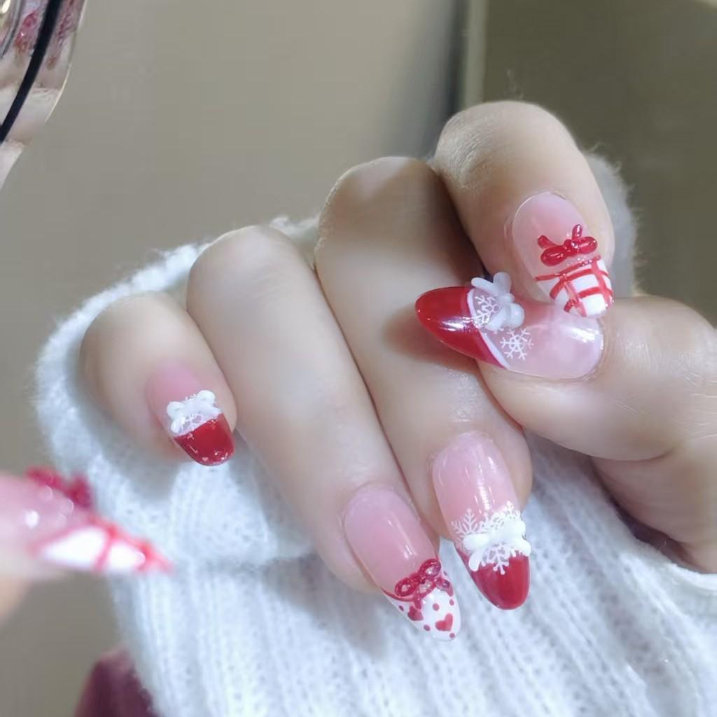 Handmade Christmas Red Lace Bow Heart Plaid Nails - Girly Brightening Manicure Small