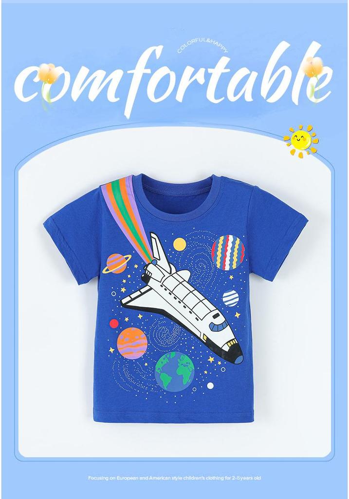 Boys' Luminous Airplane Print Short Sleeve T-shirt – European & American Style Round Neck 