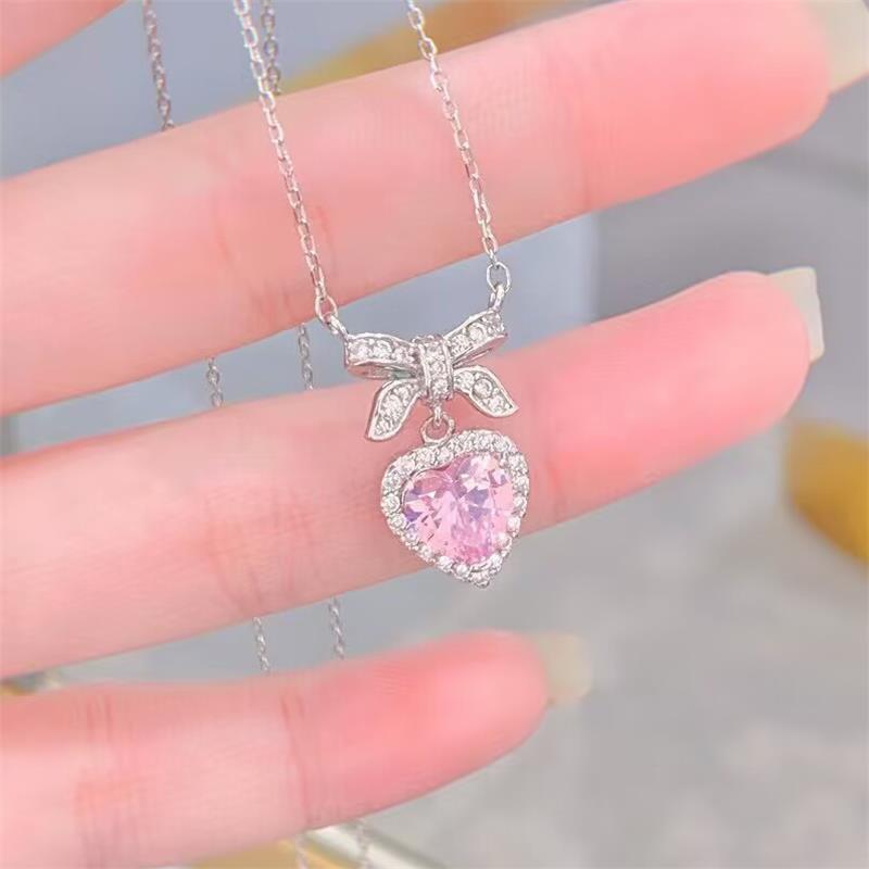 Girl Heart Bowknot Love Zircon Necklace Elegant Women Clavicle Chain Light Luxury Niche Necklace High-End Jewelry Accessory Gift