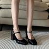 2024 Mary Janes Vintage Black Sandals Woman Buckle Non-Slip Casual Medium Heels Office Ladies Solid Elegant Heels Korean Summer