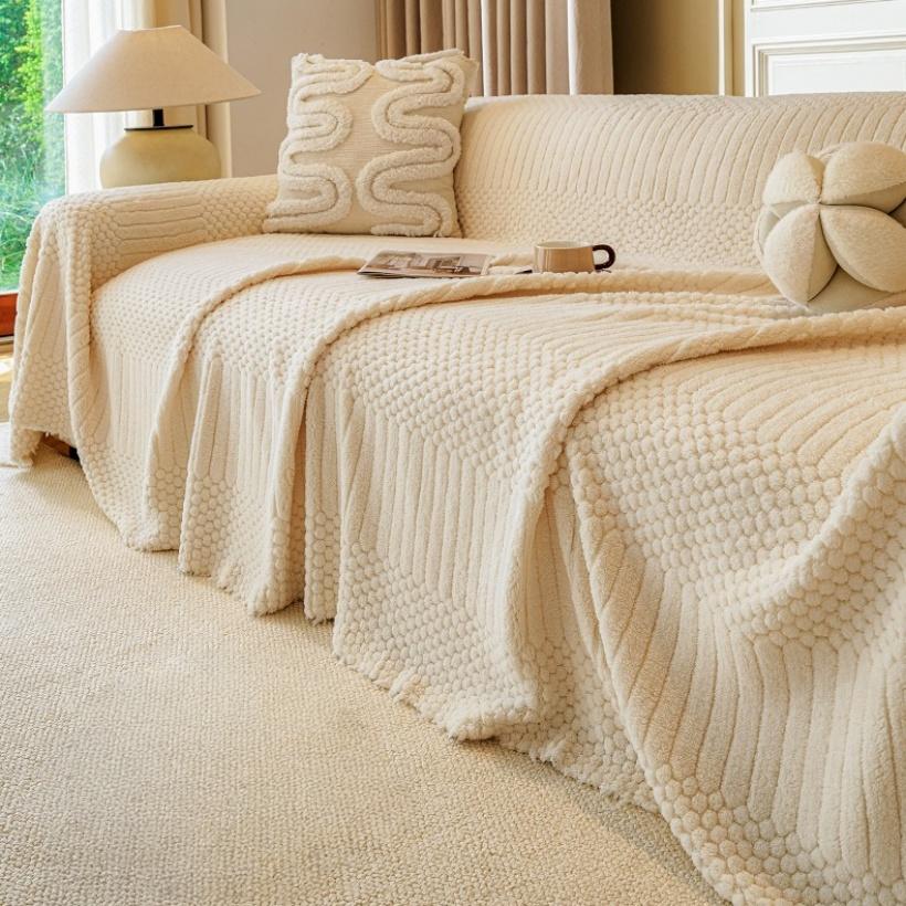 1pc Bohemian Jacquard Warm Tuffed Fleece Sofa Towel, Boho Style Soft Leiusre Thick Blanket for Living Room Couch Sofa Cover
