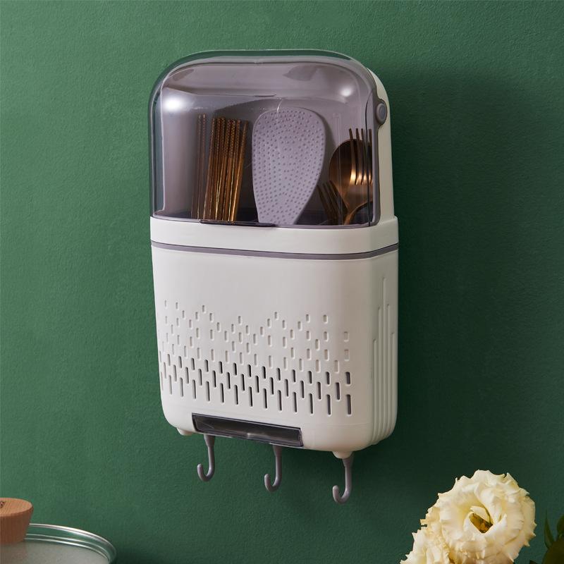 Multi-functional Dustproof Chopstick Holder Wall-Mounted Cutlery Holder Kitchen Knife Fork Spoon Container with Lid for Drainage