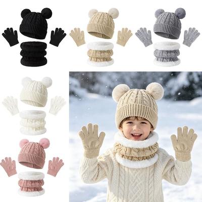 3Pcs/Set Warm Knitted Hats Scarfs Plush Bonnet Gloves Kits Children Scarf Hat Gloves Set  Outdoor