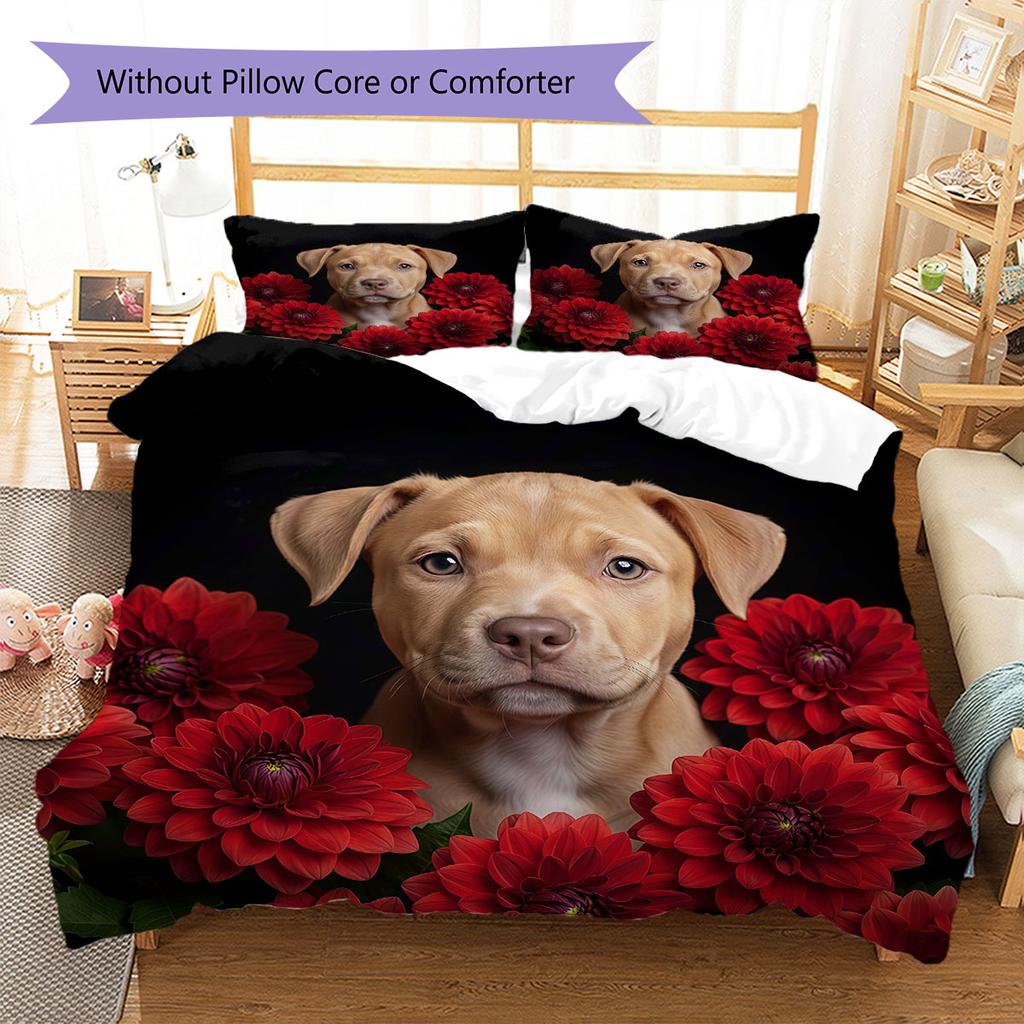 Flowers and dogs Pattern Bedding Quilt Set Quilt Cover Pillowcase Home Decoration Birthday Gift (1 * duvet cover + 2 * pillowcase, without core)