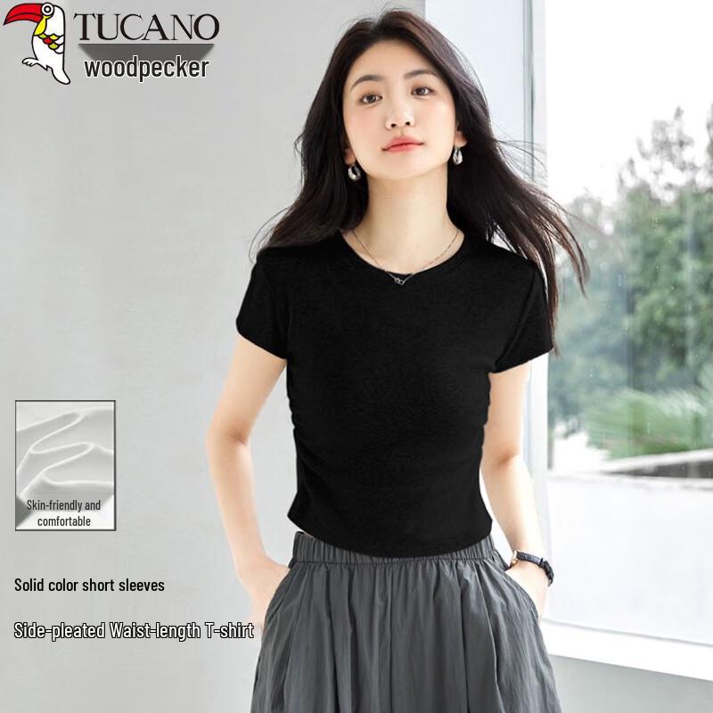Woodpecker Women s Cropped Solid T-Shirt with Side Ruching 2XL