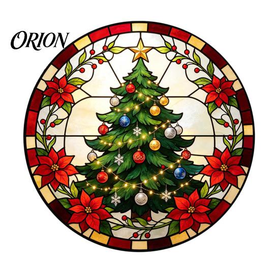 Removable Static Window Film Round Christmas Sticker, Stained Glass Style, Holiday Storefront Decals Cling, Santa Claus Tree PVC Decal for Home Decor
