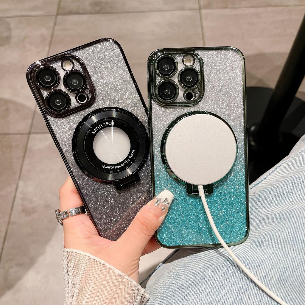 Applicable To Apple 16 Flash Powder Mobile Phone Case Magnetic Suction Bracket IPhone 15 ProMax Electroplated PC Anti Fall 14 Protective Case