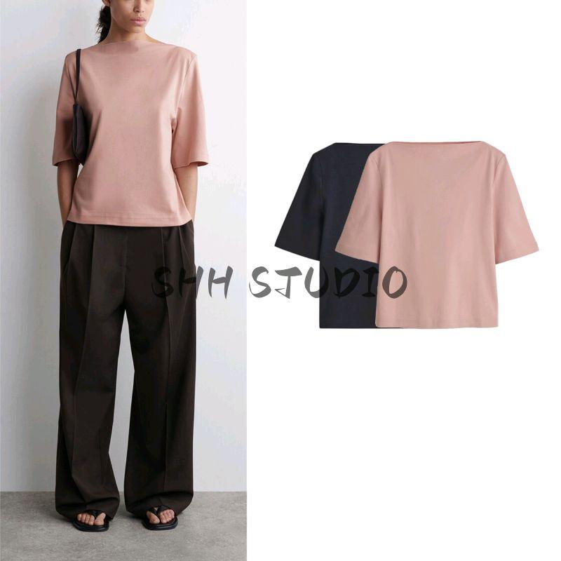 CS Autumn New Women clothes Minimalist Casual Version Boat Neck Half Sleeve Cotton T-shirt Top 1282529