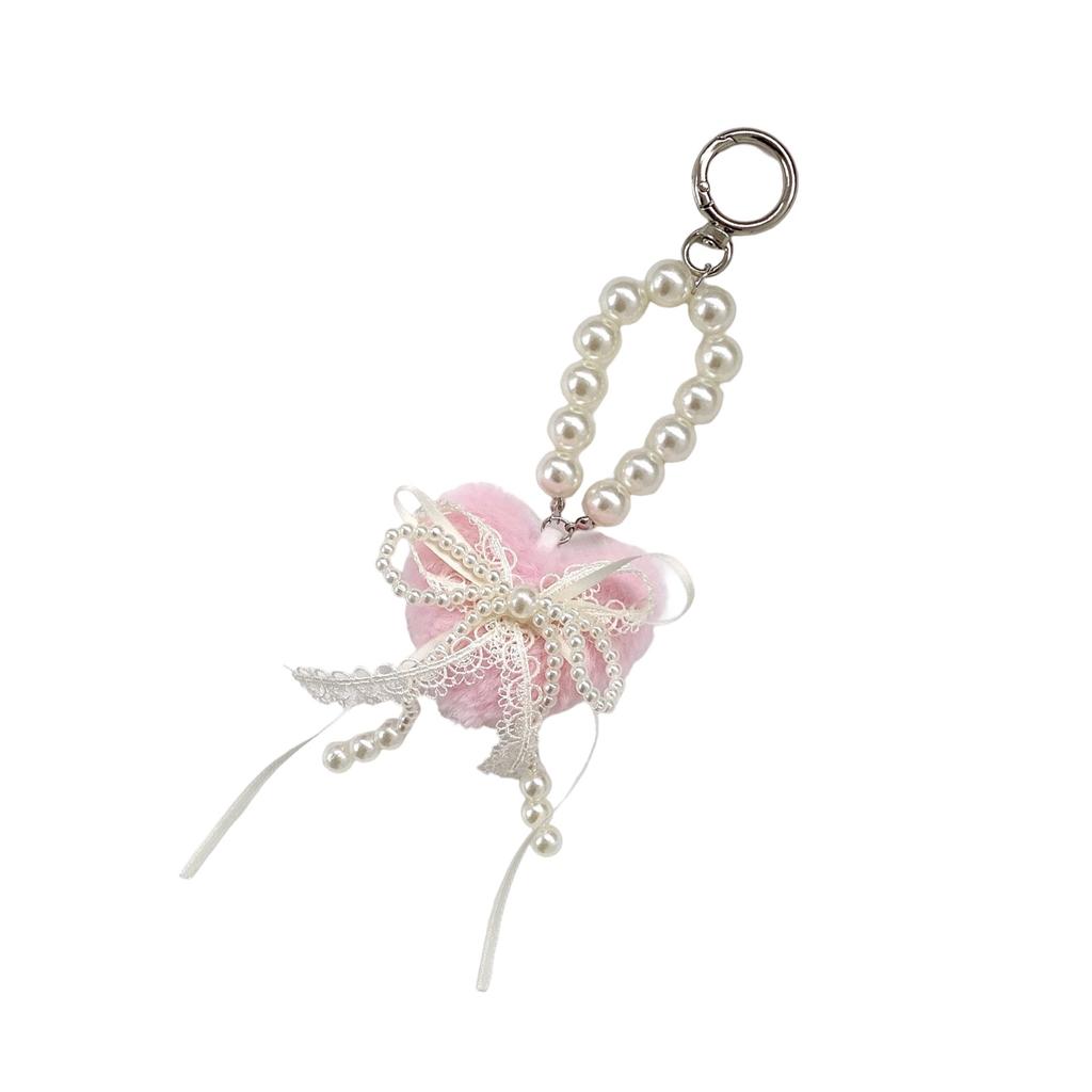 Lovely Heart Shaped Fluffy Keychain with Lace Pearls Detail Decorative Bowknot Bag Charm for Women Girls Gift