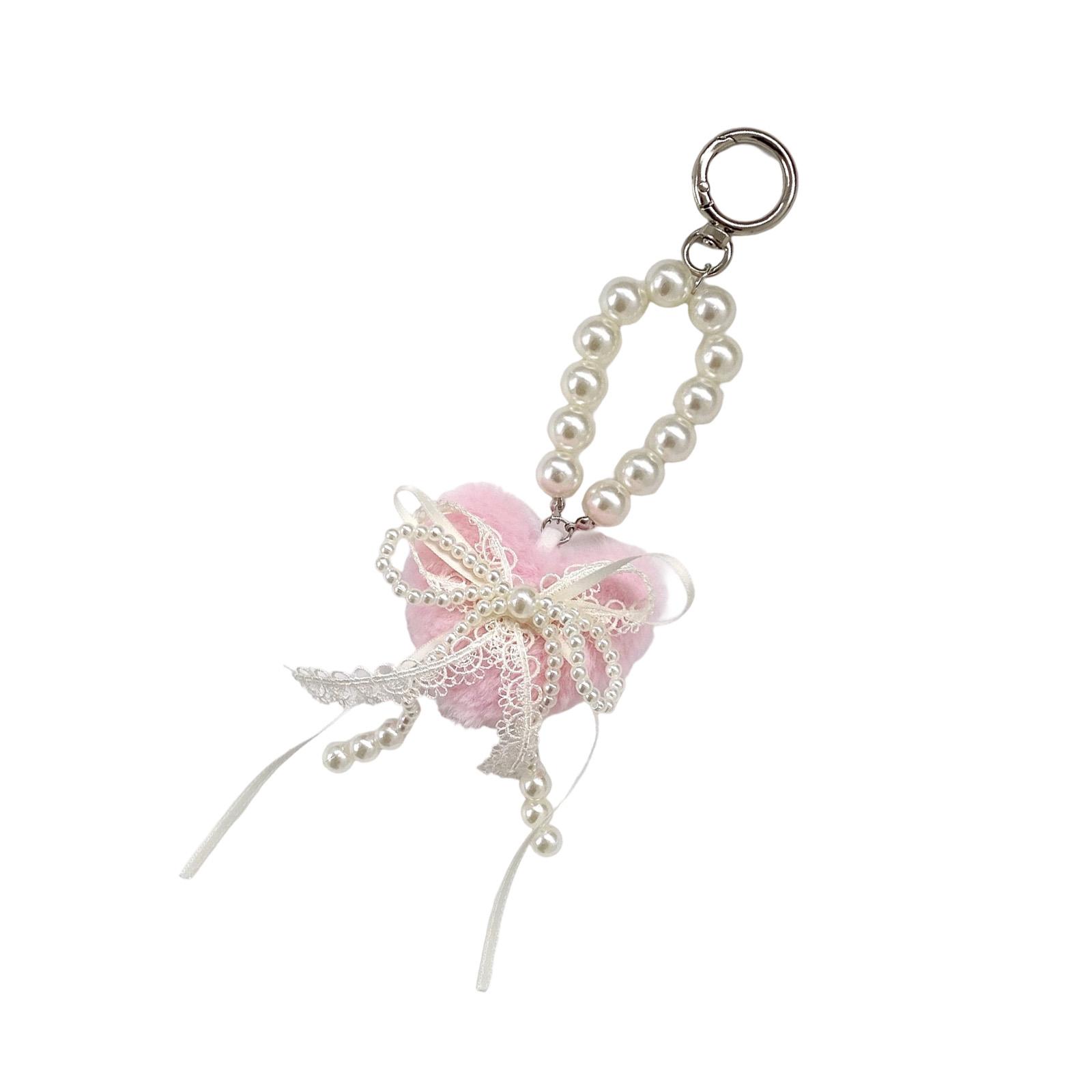 

Lovely Heart Shaped Fluffy Keychain with Lace Pearls Detail Decorative Bowknot Bag Charm for Women Girls Gift розовый
