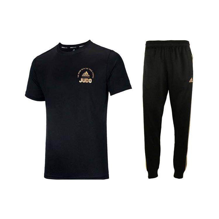 

Adidas Футболка с короткими рукавами и принтом букв, дышащая, с полосками по бокам, с манжетами, повседневный спортивный комплект для мужчин, спортивный комплект черного и золотого цвета ADICLTS21SJ-BG+TR30P1-BG S