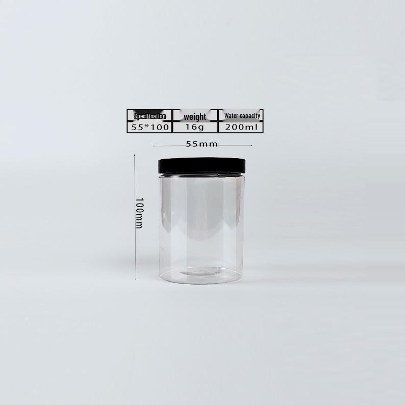 Black Lid Wide Mouth PET Food Jar for Snacks, Nuts, Grains, and Honey.
