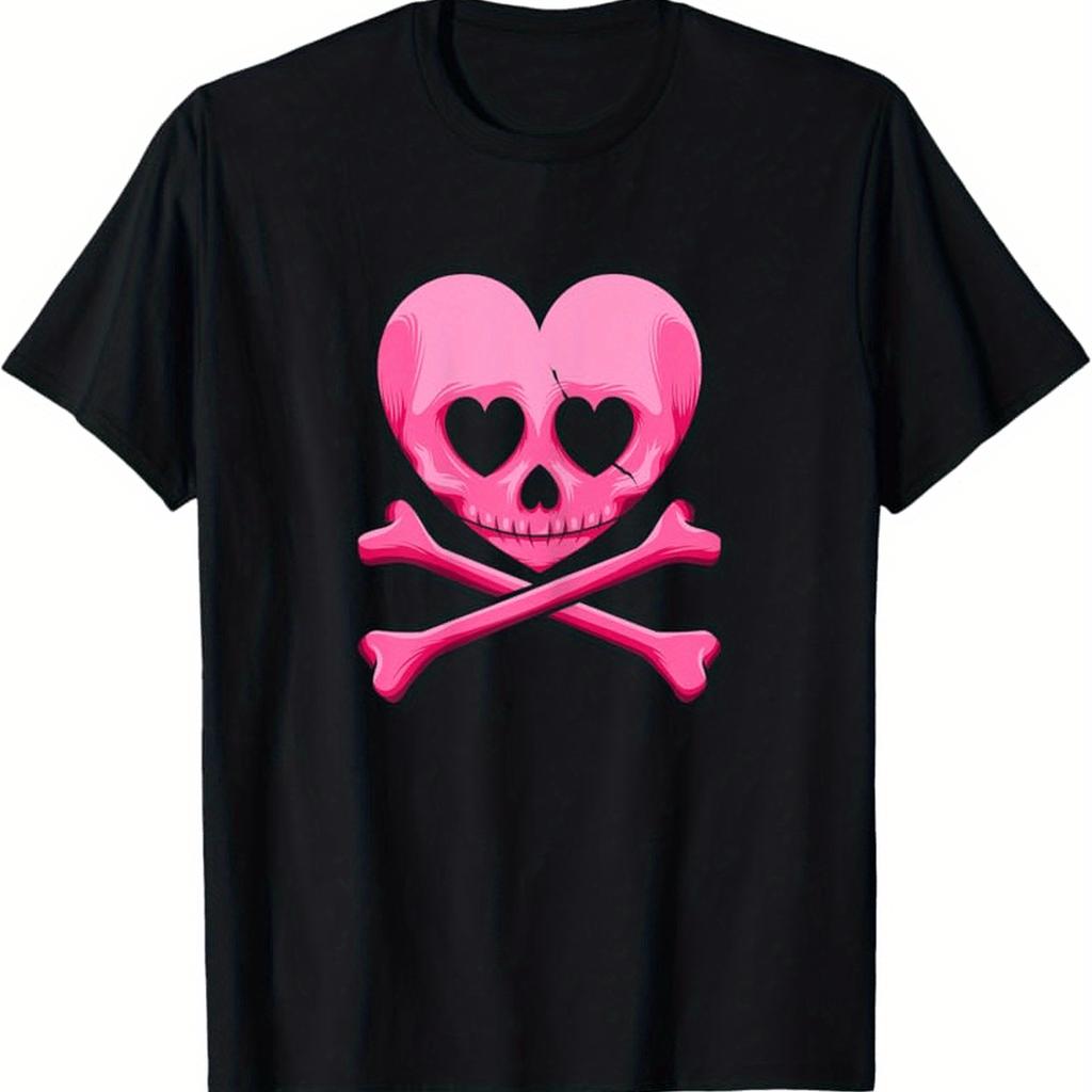 Pink Heart Skull Crossbones Graphic Tee Gothic Couples Matching Unisex Cotton T-Shirt Casual Daily