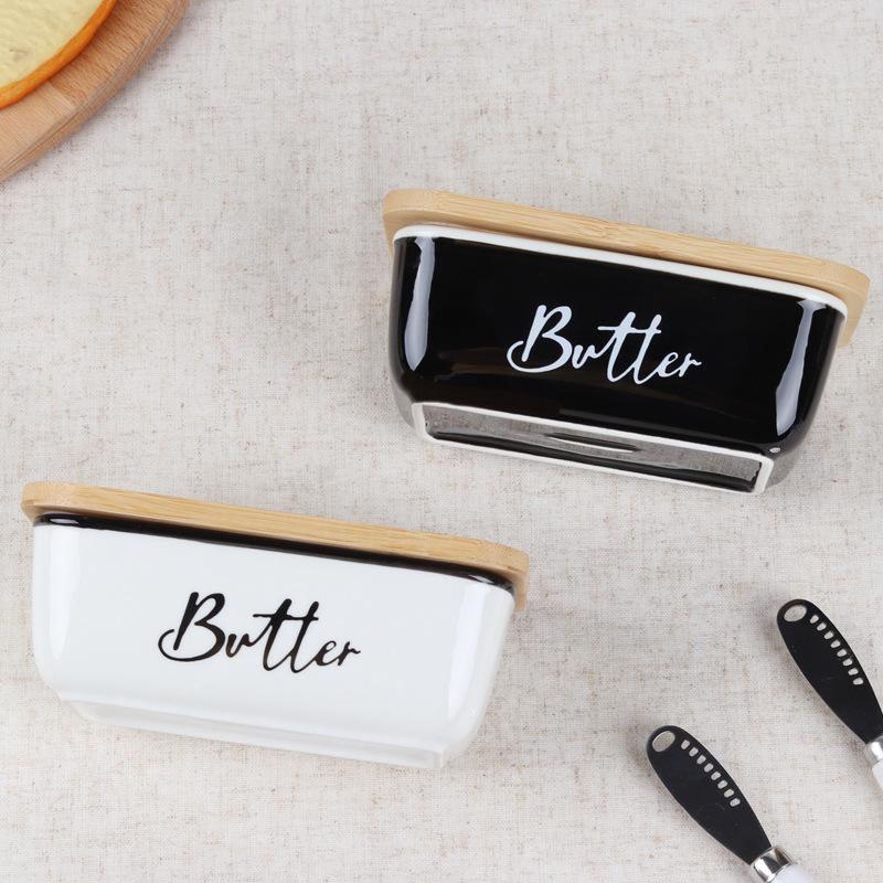 Bambus - Abgedeckte Butterdose und Edelstahlmesser-Kombination: Elegantes Butter-Servierset für den täglichen Gebrauch